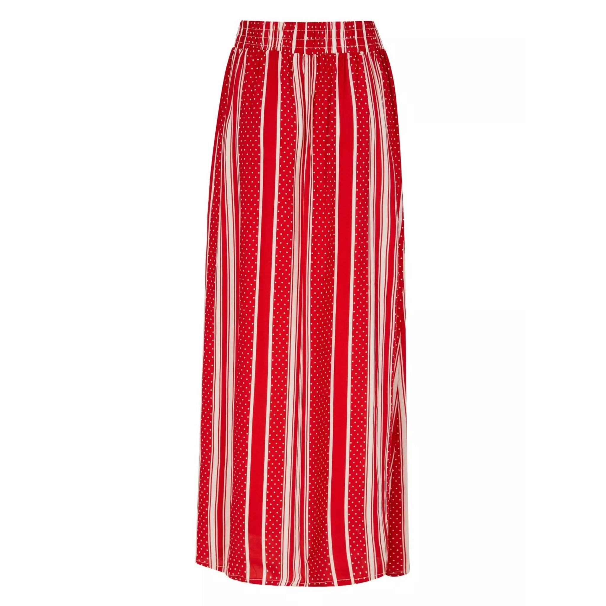 Women's red and white vertical striped maxi skirt with drawstring waist and button detail – casual summer fashion